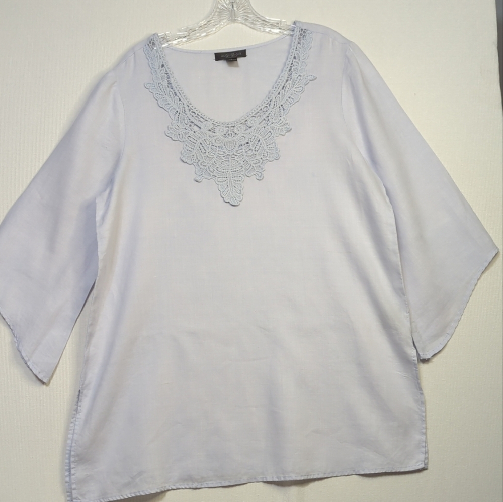 August Silk Lt Blue Linen 3/4 Flutter Sleeve Tunic Style Blouse Size‎ Large 642
